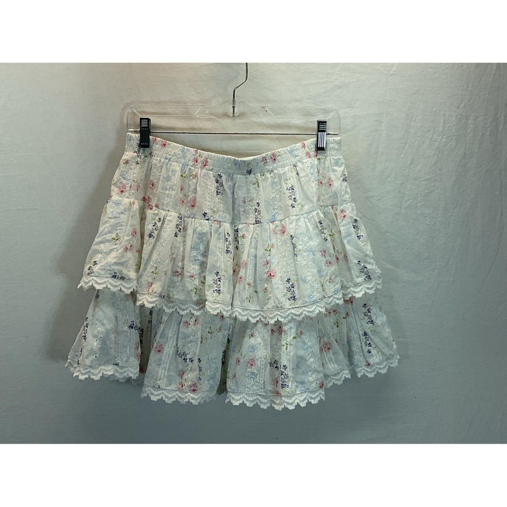 New Meet Me‎ In Santorini Floral Short Tiered Skirt Size L Skort Crochet Summer